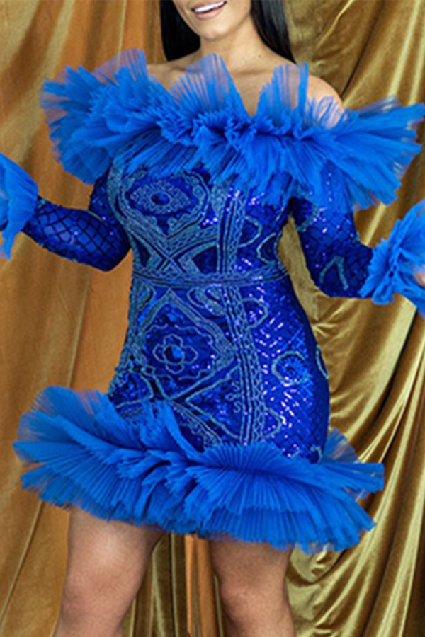 Blue Fashion Sexy Patchwork Sequins Off the Shoulder Long Sleeve Dresses