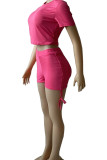 Pink Casual Solid Split Joint Draw String O Neck Short Sleeve Two Pieces
