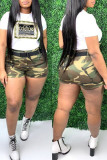 Camouflage Fashion Letter Print Camouflage Print Without Belt O Neck Plus Size Two Pieces