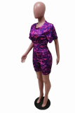 Colour Casual Print Patchwork O Neck Short Sleeve Two Pieces