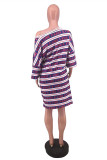 Red Blue Fashion Casual Print Basic Oblique Collar T-shirt Dress