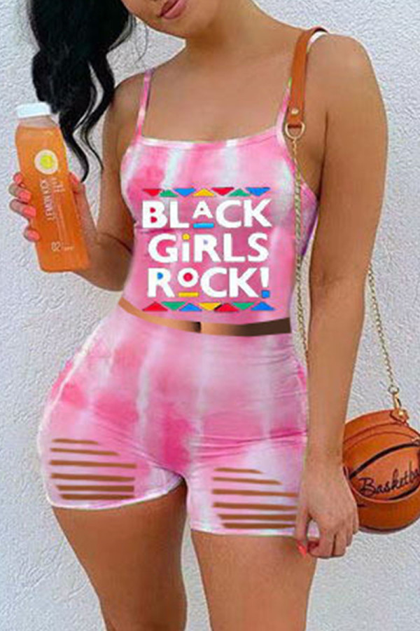 Pink Fashion Sexy Letter Print Ripped Spaghetti Strap Sleeveless Two Pieces