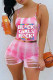 Pink Fashion Sexy Letter Print Ripped Spaghetti Strap Sleeveless Two Pieces