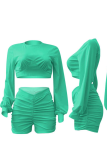 Cyan Casual Solid Patchwork O Neck Long Sleeve Two Pieces