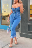 Blue Fashion Sexy Solid Backless Spaghetti Strap Skinny Jumpsuits