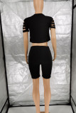 Black Casual Solid Hollowed Out Patchwork Asymmetrical O Neck Short Sleeve Two Pieces