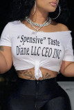 White Fashion Casual Letter Print Bandage Oblique Collar T-Shirts
