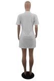 White Fashion Casual Print Slit O Neck Short Sleeve T-shirt Dress