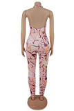 Pink Fashion Sexy Print Backless Halter Skinny Jumpsuits