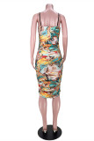 Yellow Fashion Sexy Print Backless Spaghetti Strap Sleeveless Dress
