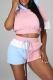 Blue Pink Casual Color Block Patchwork Hooded Collar Short Sleeve Two Pieces