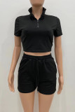 Pink Casual Solid Patchwork Zipper Turndown Collar Short Sleeve Two Pieces