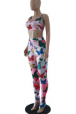 Pink Casual Butterfly Print Split Joint Spaghetti Strap Sleeveless Two Pieces