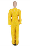 Yellow Fashion Casual Dot Print Bandage V Neck Plus Size Jumpsuits