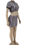 Blue Casual Striped Print Patchwork O Neck Short Sleeve Two Pieces