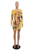 Light Green Fashion Sexy Print Bandage Hollowed Out O Neck Long Sleeve Dresses