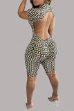 Black Sexy Print Patchwork Zipper Collar Skinny Rompers