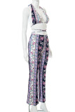 Fuchsia Sexy Print Patchwork Frenulum Backless Halter Sleeveless Two Pieces