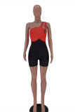 Red Fashion Sexy Patchwork Hollowed Out Backless One Shoulder Skinny Romper
