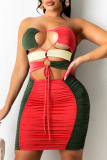 Red Sexy Color Block Hollowed Out Strapless Pencil Skirt Dresses