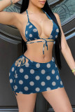 Blue Fashion Sexy Print Backless Strap Design Swimwears