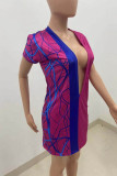 Fuchsia Sexy Casual Print Basic V Neck Short Sleeve Dress