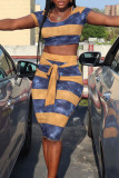 Multi-color Casual Striped Print Bandage Patchwork Short Sleeve Two Pieces