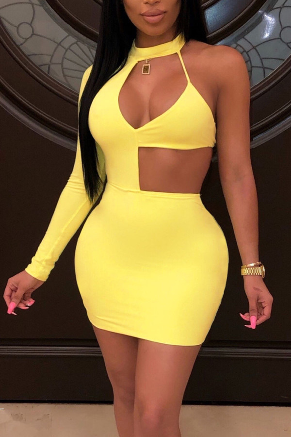 Yellow Sexy Solid Hollowed Out Patchwork Asymmetrical Halter A Line Dresses