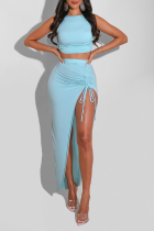 Light Blue Sexy Solid High Opening O Neck Sleeveless Two Pieces