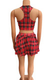 Dark Brown Fashion Casual Plaid Print Vests O Neck Sleeveless Two Pieces