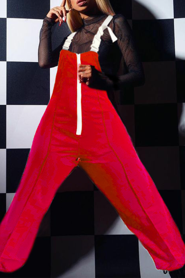 Red Casual Solid Patchwork Spaghetti Strap Loose Jumpsuits