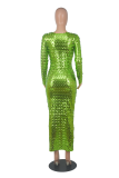 Fluorescent Green Sexy Solid Hollowed Out O Neck Pencil Skirt Dresses