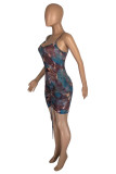 Light Blue Fashion Sexy Print Backless Fold Spaghetti Strap Sleeveless Dress
