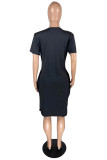 Green Fashion Casual Plus Size Print Basic V Neck Short Sleeve Dress
