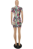Colour Sexy Print Patchwork O Neck Pencil Skirt Dresses
