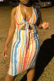 Blue Sexy Print Hollowed Out Halter Pencil Skirt Dresses