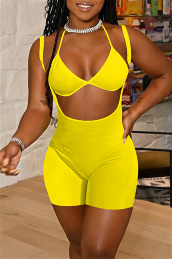 Yellow Fashion Sexy Solid Hollowed Out Spaghetti Strap Sleeveless Two Pieces