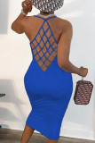 Yellow Sexy Solid Hollowed Out U Neck Pencil Skirt Dresses