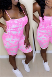 Pink Sexy Patchwork Tie-dye Spaghetti Strap Skinny Rompers