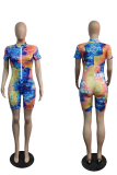Blue Sexy Striped Tie-dye Zipper Collar Skinny Rompers