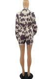 Khaki Sexy Print Patchwork Turndown Collar Regular Rompers