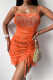 Orange Sexy Print Draw String Backless Spaghetti Strap Sleeveless Dress