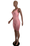 Pink Sexy Striped Patchwork V Neck Skinny Rompers