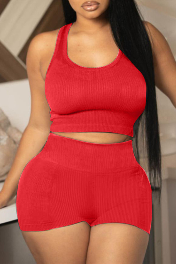 Red Casual Solid Basic U Neck Sleeveless Two Pieces