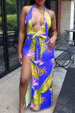 Blue Sexy Print Bandage Patchwork High Opening Halter Straight Dresses
