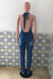 Blue Sexy Casual Solid Backless Halter Skinny Jumpsuits
