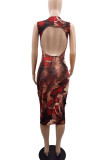 Brown Sexy Print Ripped Patchwork Backless O Neck Pencil Skirt Dresses