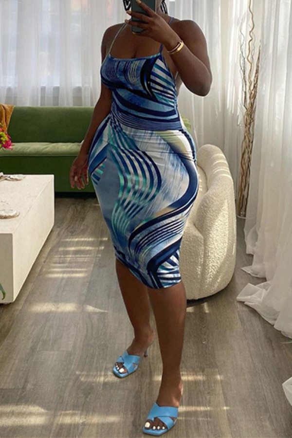 Deep Blue Fashion Sexy Print Backless Spaghetti Strap Sleeveless Dress