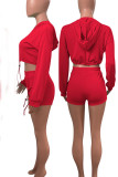 Red Casual Solid Hollowed Out Split Joint Frenulum Hooded Collar Long Sleeve Two Pieces