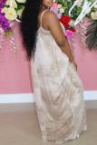 Grey Sexy Casual Print Backless Spaghetti Strap Long Dress
